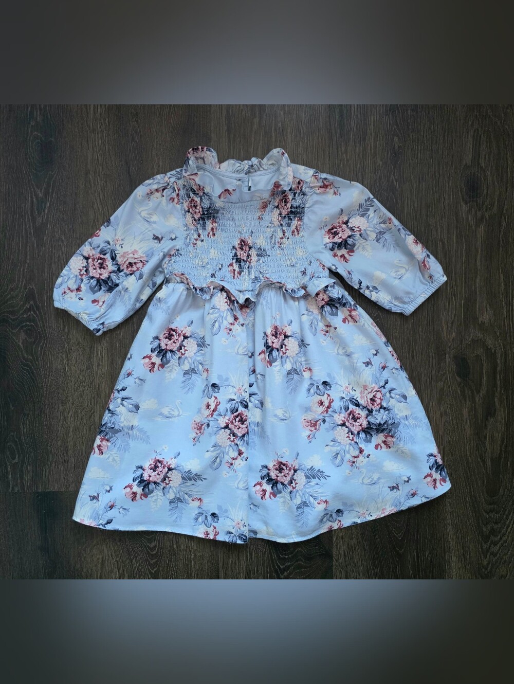 Janie & Jack pale blue swan floral Sylvie smocked dress